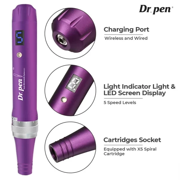 Dr.pen Ultima X5マイクロニードル美容機器、充電ポート、速度表示エリア、カートリッジソケットを示す
