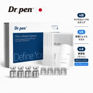 Dr. Pen MIS20のセット全体：美容液4本、使い切りヘッド4個、マスク5枚